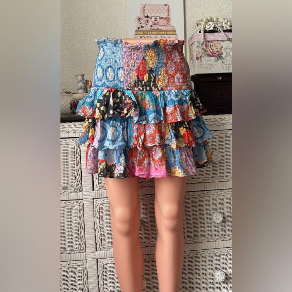 Spell & The Gypsy Collective Cha Cha Shirred Mini Skirt Multicolor Cotton Size M - Picture 3 of 9